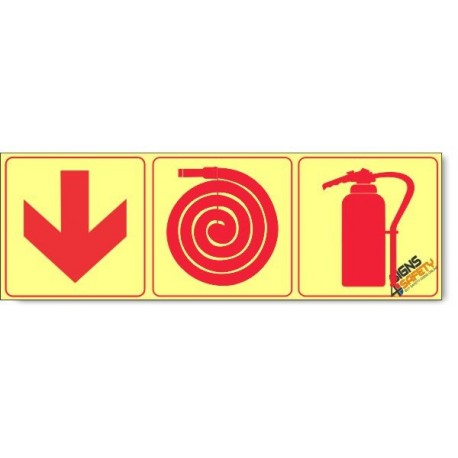 Fire Extinguisher / Fire Hose / Arrow Down , Photoluminescent, (Glow in the Dark) Sign