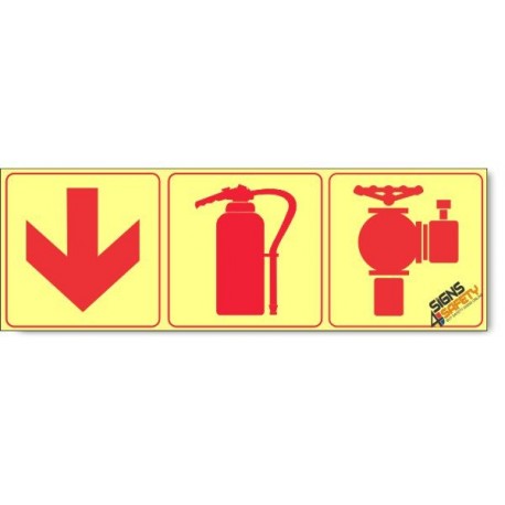 Fire Hydrant / Fire Extinguisher / Arrow Down, Photoluminescent, (Glow in the Dark) Sign