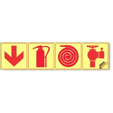 Fire Hydrant / Fire Extinguisher / Fire Hose / Arrow Down, Photoluminescent, (Glow in the Dark) Sign