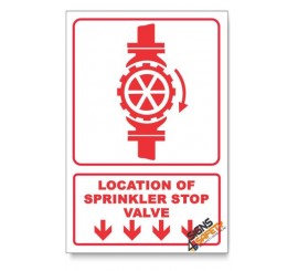 Sprinkler Stop Valve, Arrow Down, Descriptive Safety Sign