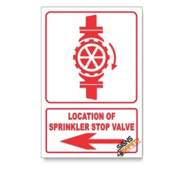 Sprinkler Stop Valve, Arrow Left, Descriptive Safety Sign