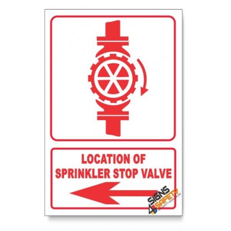 Sprinkler Stop Valve, Arrow Left, Descriptive Safety Sign