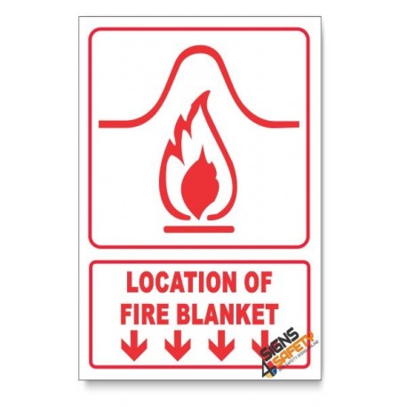 Location Of Fire Blanket, Arrow Down, Descriptive Safety Sign