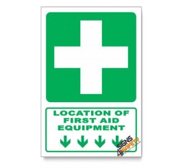 (GA1/D1) First Aid Equipment Sign, Arrow Down, Descriptive Safety Sign