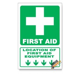 (GA1B/D1) First Aid Equipment Sign, Arrow Down, Descriptive Safety Sign