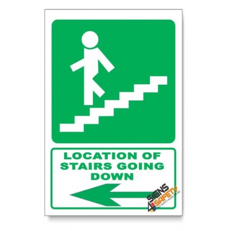 (GA17/D3) Stairs Going Down Sign, Arrow Left, Descriptive Safety Sign