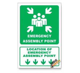 (GA26/D1) Emergency Assembly Point Sign, Arrow Down, Descriptive Safety Sign