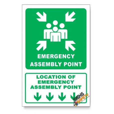 (GA26/D1) Emergency Assembly Point Sign, Arrow Down, Descriptive Safety Sign