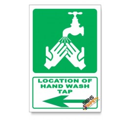 (GA27/D3) Hand Wash Tap Sign, Arrow Left, Descriptive Safety Sign