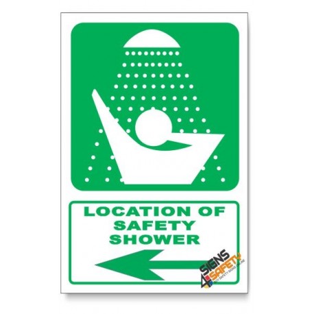 (GA20/D3) Safety Shower Sign, Arrow Left, Descriptive Safety Sign