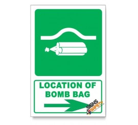 (GA21/D2) Location Of Bomb Bag Sign, Arrow Right, Descriptive Safety Sign