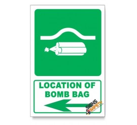(GA21/D3) Location Of Bomb Bag Sign, Arrow Left, Descriptive Safety Sign