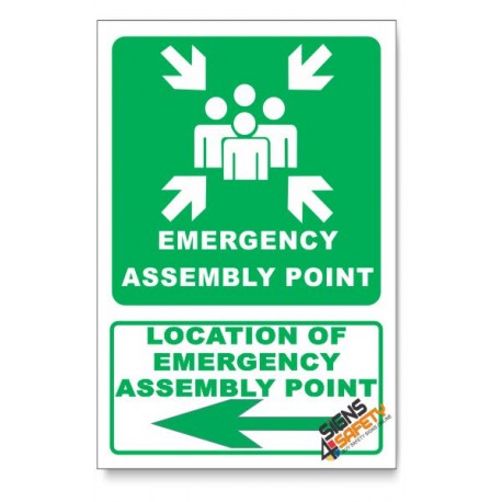 (IN6/D3) Emergency Assembly Point Sign, Arrow Left, Descriptive Safety Sign